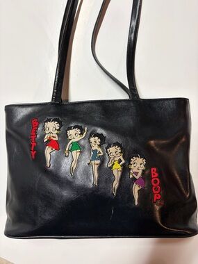 Betty Boop Black Faux Leather Tote Bag Embroidered Graphic Purse Y2K